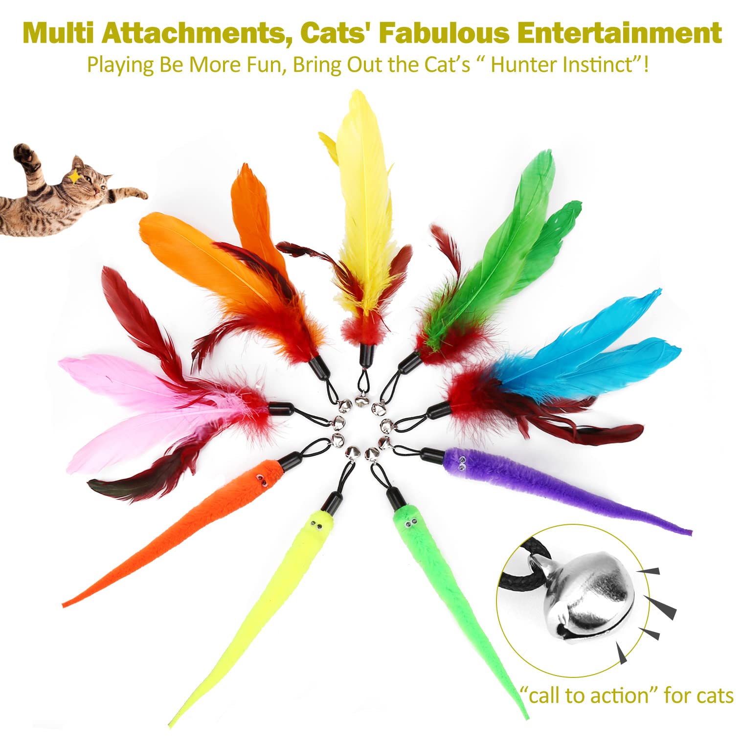Meohui Interactive Cat Toys - Retractable Wand Toy And Feather Toys Refills For Indoor Cats To Chase And Exercise